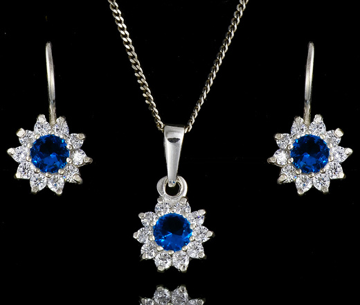 480/117 komplet srebrny z cyrkoniami niebieskimi kwiatki
