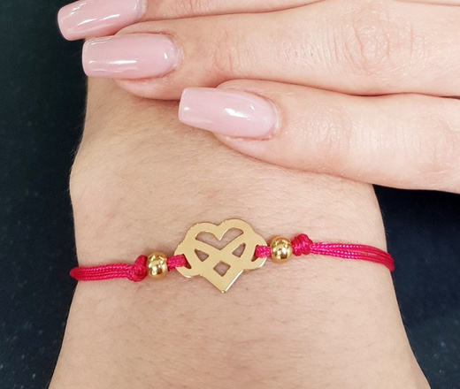 1045 BRANSOLETKA Z GRAWEREM srebrne pozłacane serce infinity na sznureczku