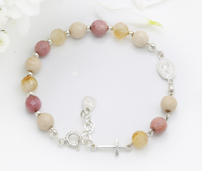 Bransoletka różaniec 1758/14, kamienie naturalne cytryn, kamień rzeczny i rodonit