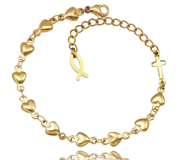 1737/4 złocona bransoletka różaniec z paciorkami w kształcie serca