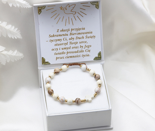 bransoletka różaniec stal złocona na sznureczku brązowo beżowy 1877/17