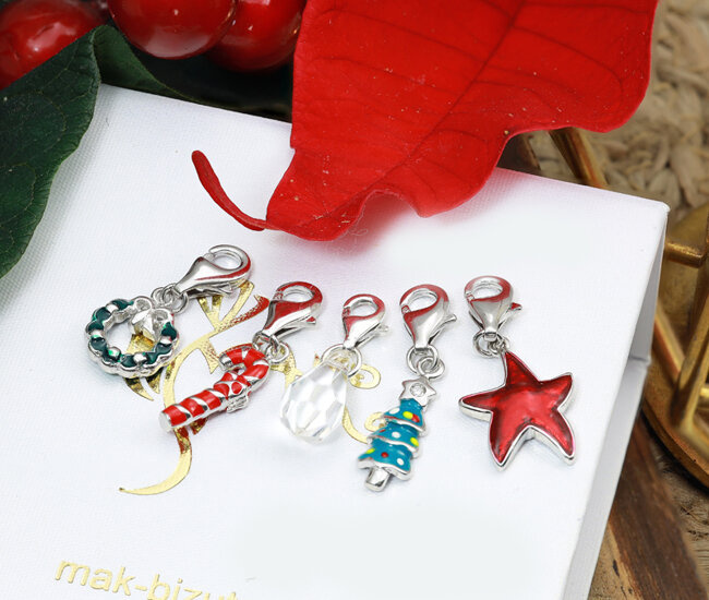 1596/12 sr 925 świąteczny komplet pięciu charms laska, choinka, wieniec, sopel, gwiazda