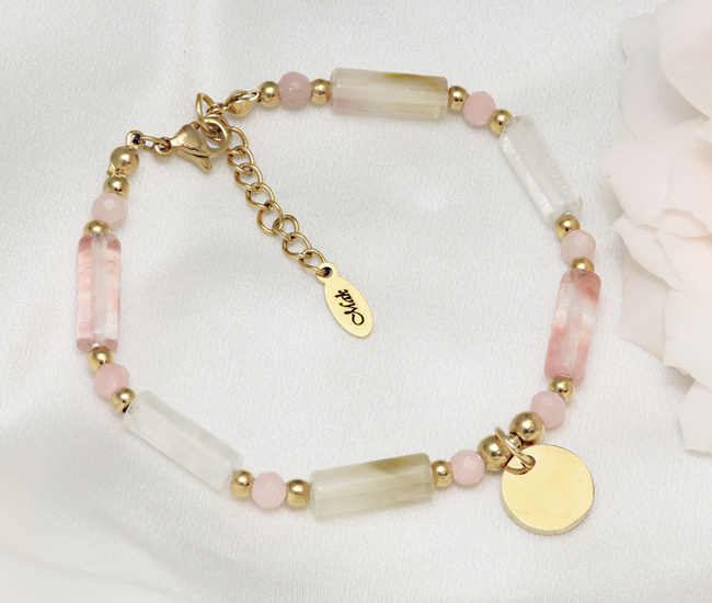 Bransoletka grawerowana z opalem różowym i agatem arbuzowym 1847