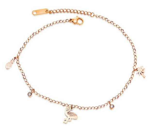 599/939 BRANSOLETKA stalowa na nogę połączone flamingi, palma, ananas