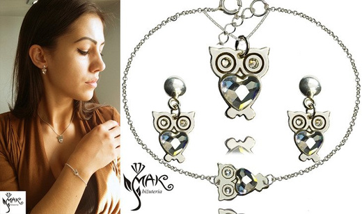 KPL719 Sowy Swarovski Elements KOMPLET kryształy + pudełko z grawerem