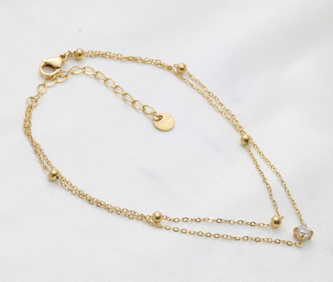 Bransoletka na nogę z cyrkonią i kuleczkami, podwójny łańcuszek 1857/25