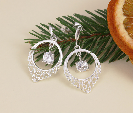 480/485 kolczyki srebrne ażurowe z podwieszaną cyrkonią