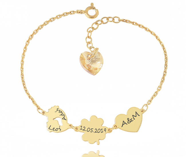 1481 bransoletka srebrna 925 złocona z grawerem koniczynka serce stopki