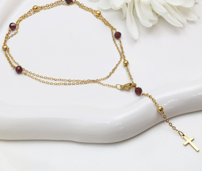 Naszyjnik bordowy z granatem  pozłacana stal  1876/6