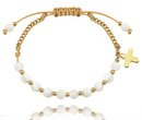 1571/17 bransoletka różaniec złota na sznureczku z koralikami z masy perłowej i krzyżem 