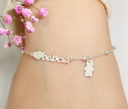 1593/3 bransoletka z napisem i zawieszką srebrna 925 złocona na Dzień Babci grawerowana serce