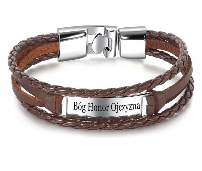 599/1000 męska bransoletka z grawerem skórzana brązowo-srebrna