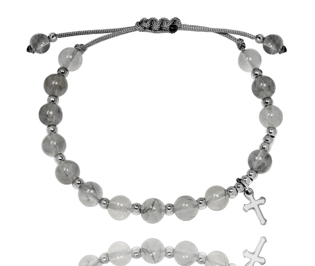 1533 bransoletka różaniec kwarc szary na sznureczku