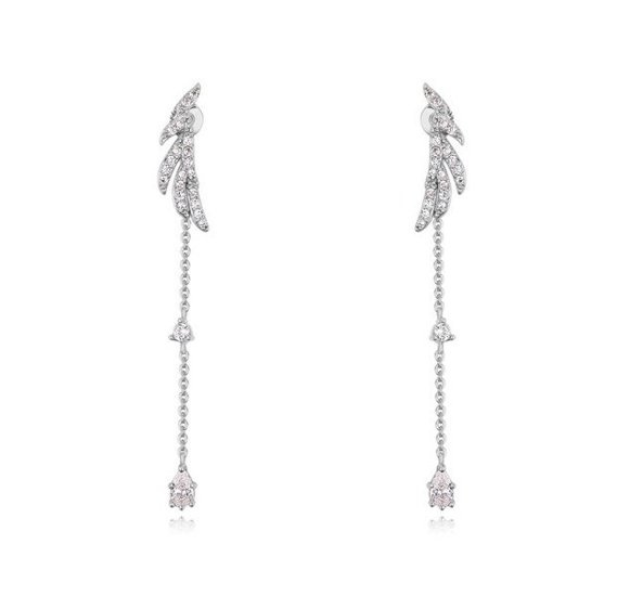 Kol 599/613 KOLCZYKI listki z cyrkoniami, do branka doczepiony łańcuszek z cyrkoniami, srebrny