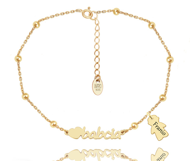 1593/3 bransoletka z napisem i zawieszką srebrna 925 złocona na Dzień Babci grawerowana serce