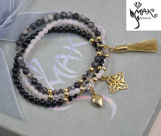 BR950 BRANSOLETKA pozłacana czarny agat, Swarovski Element