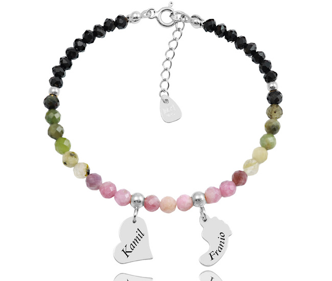 1734/4 zielono-różowa bransoletka srebrna 925 z grawerem i turmalinem