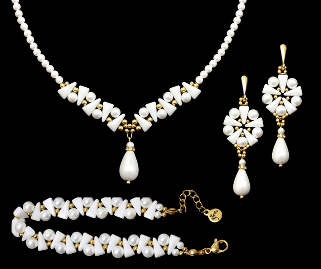 komplet ślubny pozłacany z perełkami wyplatany ręcznie 1816/6