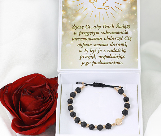 1627/5 bransoletka różaniec stal złocona na sznureczku lawa wulkaniczna