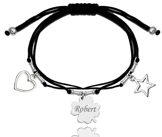 1256 bransoletka grawerowana srebrna na sznurku serce gwiazdka koniczynka