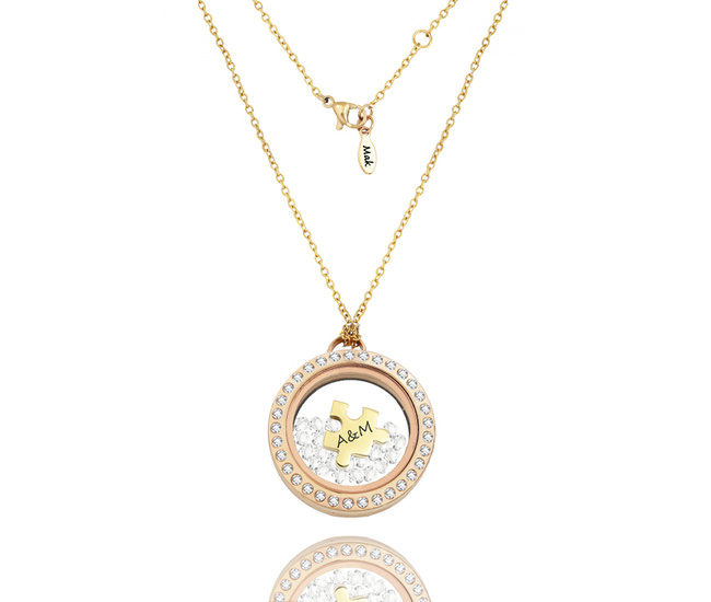 1587 naszyjnik złoty z grawerem stal szlachetna puzderko z puzzlem i cyrkoniami