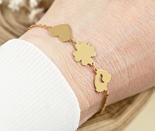 1481 bransoletka srebrna 925 złocona z grawerem koniczynka serce stopki