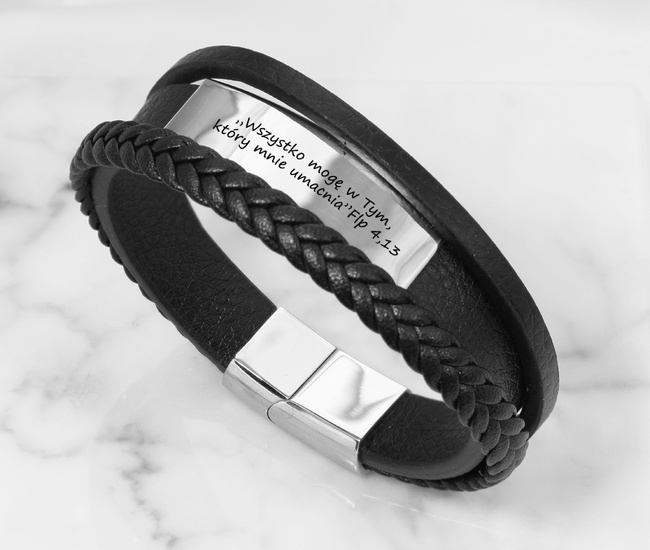 Bransoletka męska grawerowana czarna skóra 1858/7