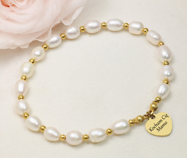 1746/14 Bransoletka z grawerem i perłami naturalnymi dla babci / mamy