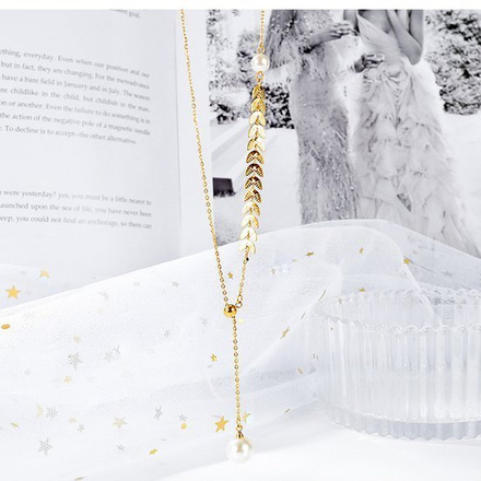 599/988 naszyjnik złoty stalowy łańcuszek perełki i listki