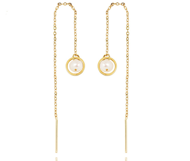 1426 kolczyki przeciągane długie z kółeczkiem i perłą stal szlachetna złote