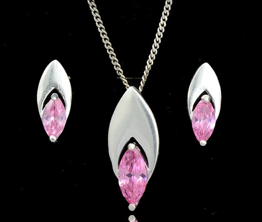 480/102 komplet srebrny łezki z różowymii cyrkoniami