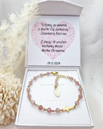 Bransoletka różaniec pozłacana kwarc truskawkowy 1758/15