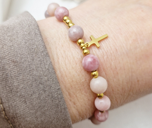 1571/34 bransoletka różaniec złota, opal różowy i kamień słoneczny