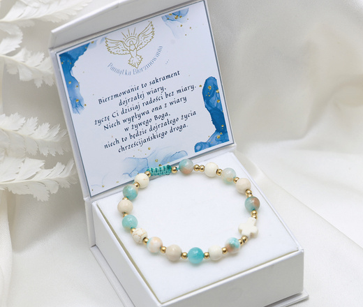 bransoletka różaniec stal złocona na sznureczku turkusowo kremowy 1877/12
