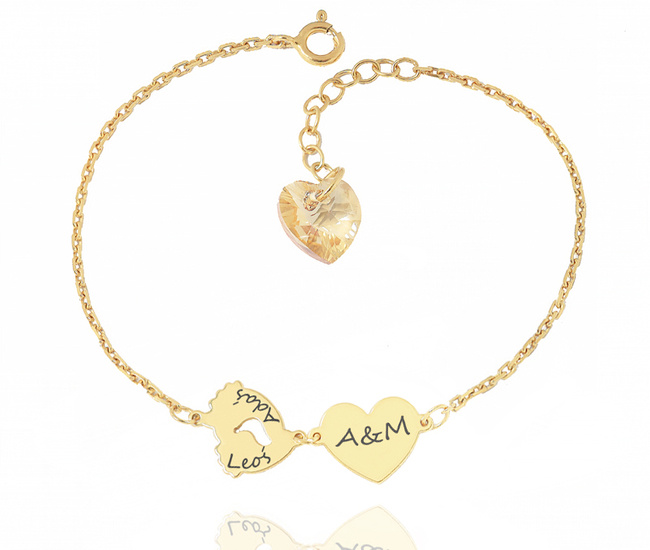 1481 bransoletka srebrna 925 złocona z grawerem koniczynka serce stopki