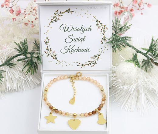 1734/5 beżowa bransoletka srebrna 925 pozłacana z grawerem i kamieniami naturalnymi