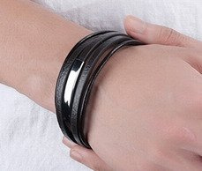 Br599/798 BRANSOLETKA Z GRAWEREM męska skóra czarna stalowa blaszka