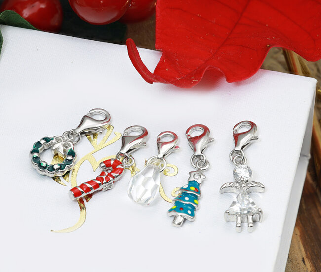 1596/13 sr 925 świąteczny komplet pięciu charms laska, choinka, wieniec, sopel, anioł