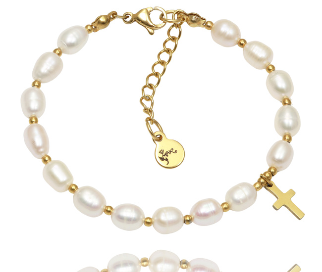pozłacana bransoletka różaniec 1755 dziewczęca, perełki naturalne