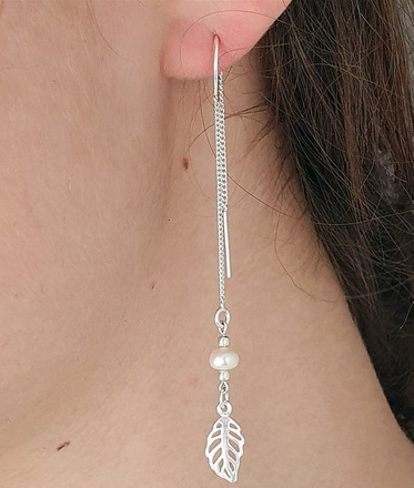 1152 Kolczyki srebrne 925 łańcuszku przeciągane listki i perełki naturalne