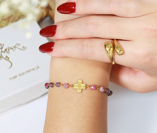 1716/5 bransoletka różaniec pozłacane srebro 925 z turmalinami