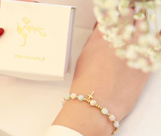 1714/3 bransoletka różaniec złota,miętowo błękitna pastelowa