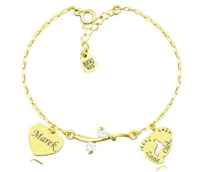 1141 Bransoletka z grawerem srebrna 925 pozłacana gałązka z cyrkoniami serce stópki