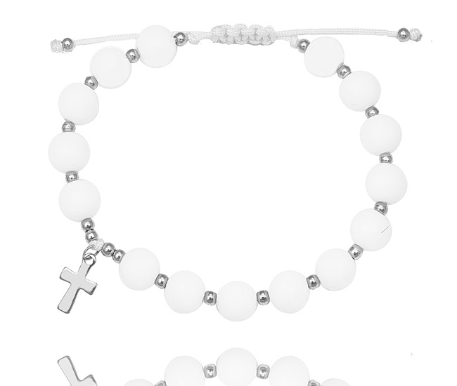 1571/13 bransoletka różaniec srebrna na sznureczku z porcelanowymi koralikami i krzyżem