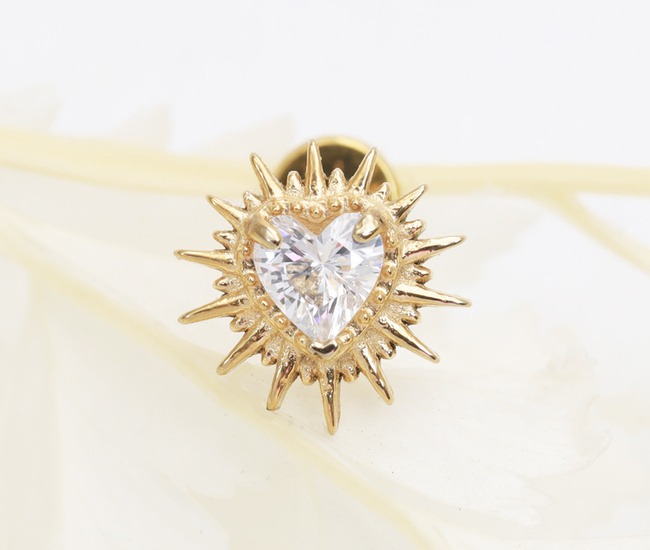 Tytanowy kolczyk do piercingu pozłacane serce z cyrkonią 1776/12