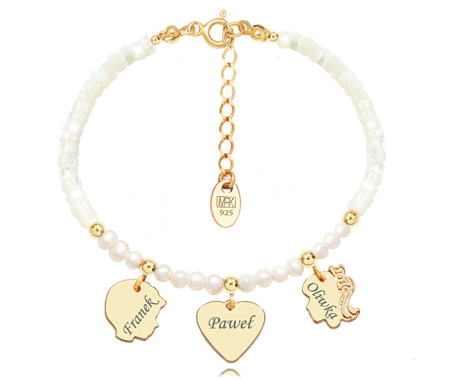 1396 Bransoletka z grawerem z perłami srebro 925 pozłacane