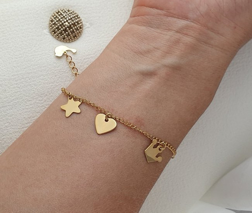 1196 bransoletka grawerowana z zawieszkami serce srebro 925 pozłacane diament korona