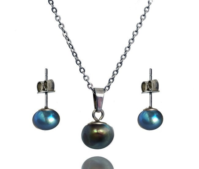 1189 komplet stalowy z perełkami naturalnymi niebiesko brązowe