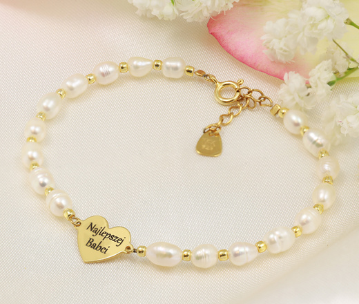 1607 Bransoletka dla babci z grawerem z perłami srebro 925 pozłacane