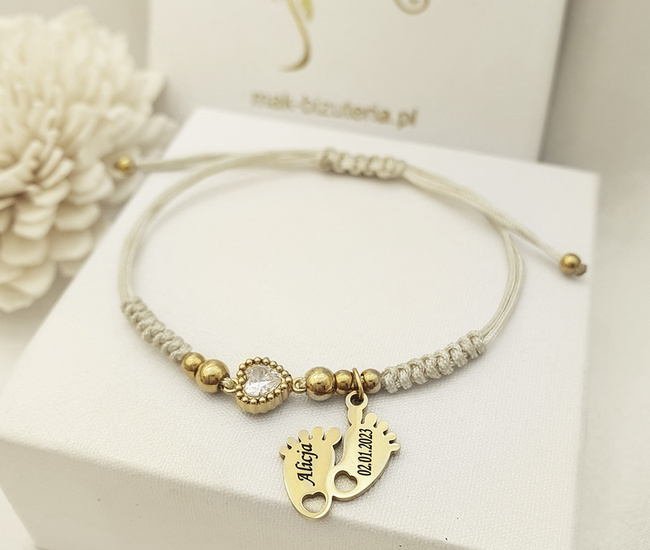 Bransoletka dla mamy na sznurku z grawerem kremowa 1794/15